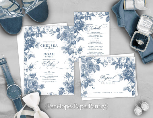 Elegant Dusty Blue Summer Wedding Invitation Personalized Baby Blue Powder Blue Floral Silhouettes Printed Invitations Envelopes Included