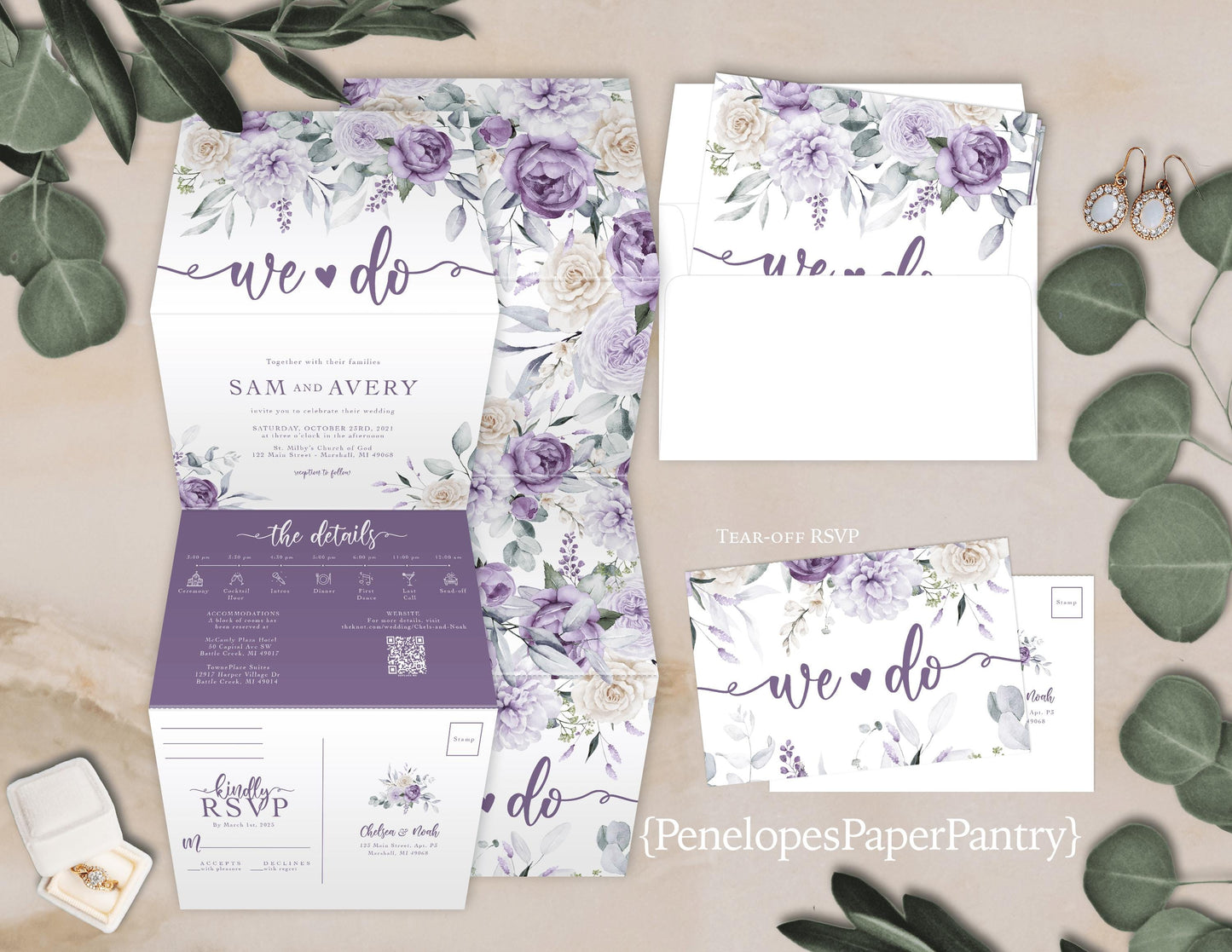 All in One Elegant Purple Floral Summer Folded Wedding Invitation with Tear-Off RSVP