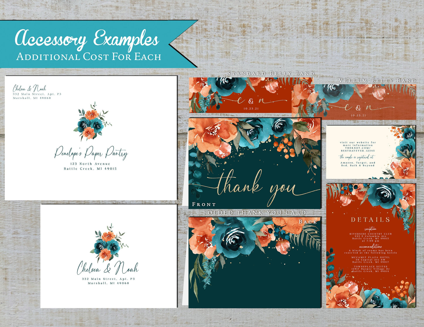 Teal and Orange Florals on Dark Teal, Burnt Orange, and Ivory Hues Fall Wedding Invitation, Set, or Suite