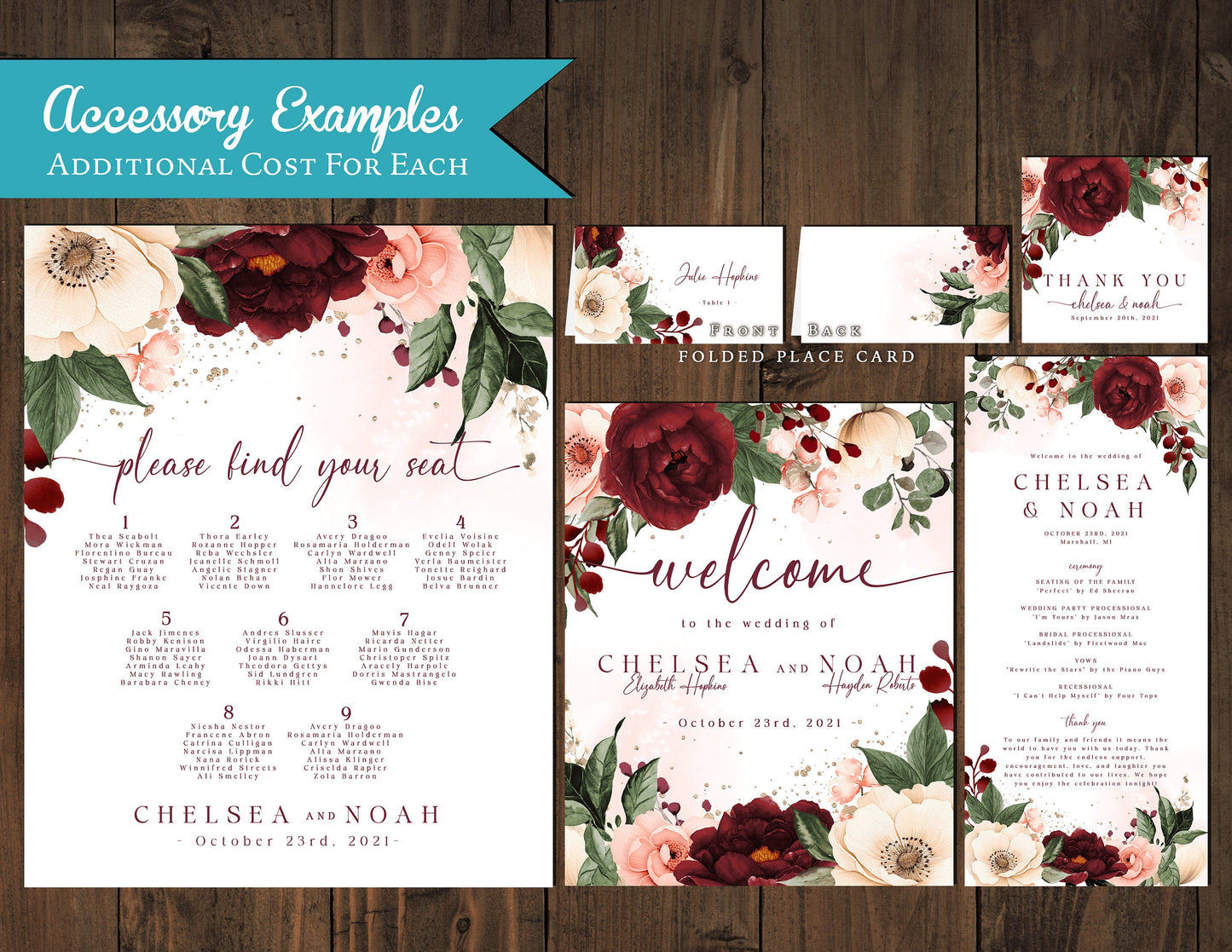 Burgundy and Blush Florals on White Background Fall Wedding Invitation, Set, or Suite