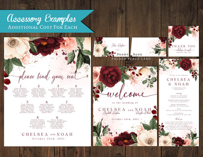 Burgundy and Blush Florals on White Background Fall Wedding Invitation, Set, or Suite