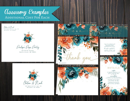 Elegant Floral Fall Wedding Invitation – Teal & Burnt Orange Roses – Fall In Love Calligraphy Printed Invite with Envelopes