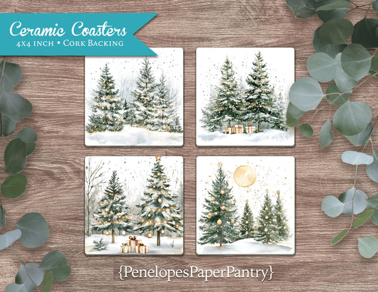 Rustic Christmas Tree Forest Ceramic Coasters Set Of Four Christmas Decor Gift For Her Gift For Him Cork Back Unique Gift Stocking Stuffer