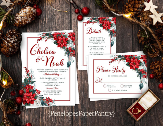 Elegant Floral Christmas Wedding Invitation Personalized Red and Green Calligraphy Shimmery Holiday Winter Printed Invitations With Envelope