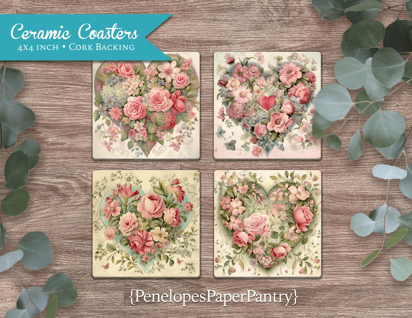 Shabby Chic Floral Heart Ceramic Coasters Set Of Four Valentine Decor Mothers Day Gift Cork Back Unique 4 Inch Tile Pink Sage Valentine Gift