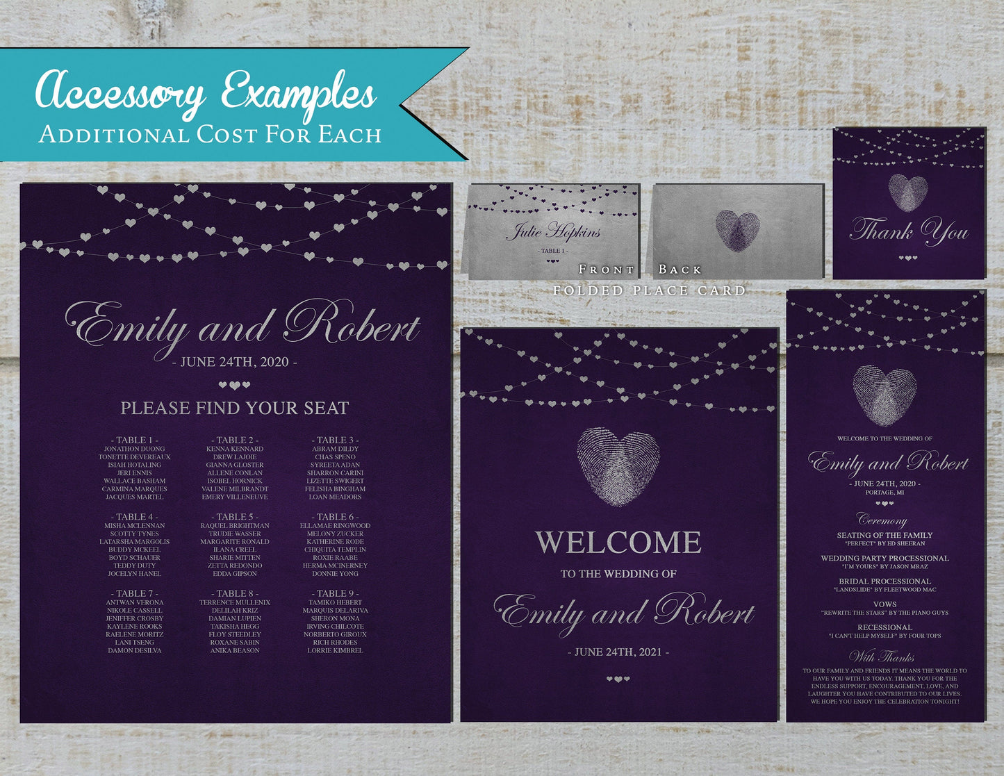 Purple Thumbprint Heart on Metallic Silver Paper Traditional Wedding Invitation, Sets, or Suite