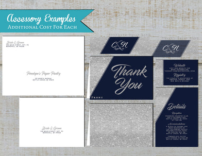 Navy with Faux Silver Glitter Corners Traditional Wedding Invitation, Sets, or Suite