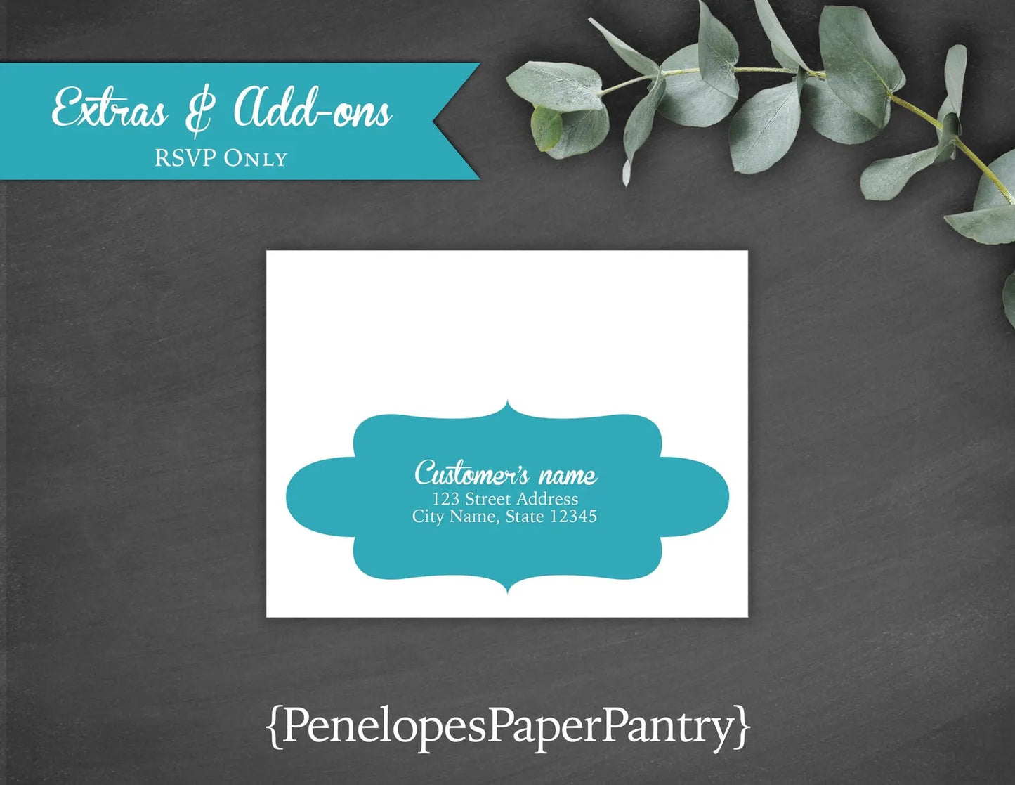 a blue and white business card with a green plant