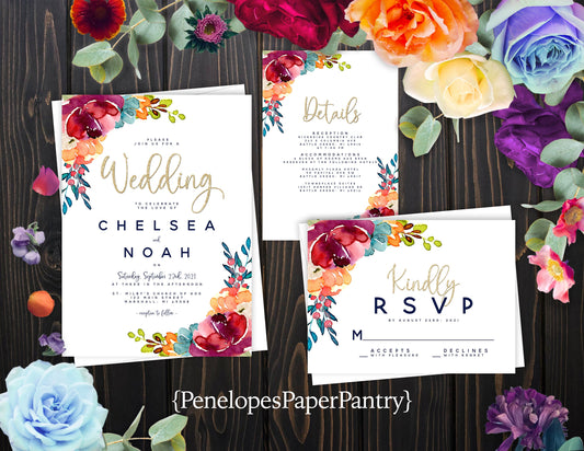 Elegant Bright Floral Summer Wedding Invitation Personalized Tropical Hot Colors Gold Print Shimmery Printed Invitation Envelope Included