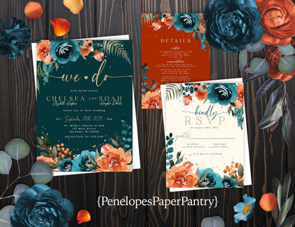 Teal and Orange Florals on Dark Teal, Burnt Orange, and Ivory Hues Fall Wedding Invitation, Set, or Suite