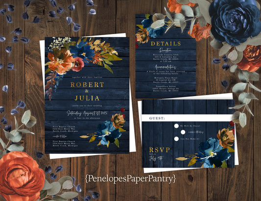 Rustic Navy Floral Fall Wedding Invitation – Turquoise & Burnt Orange with Gold Shimmer – Personalized Barn Wood Printed Invite + Envelopes