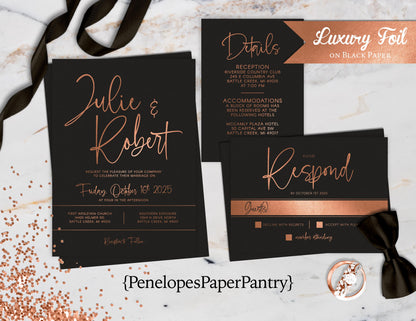 Modern Black and Copper Wedding Invitation Personalized Copper Foil Calligraphy Custom Text Formal Classic Elegant Printed Invitations Envelopes Included