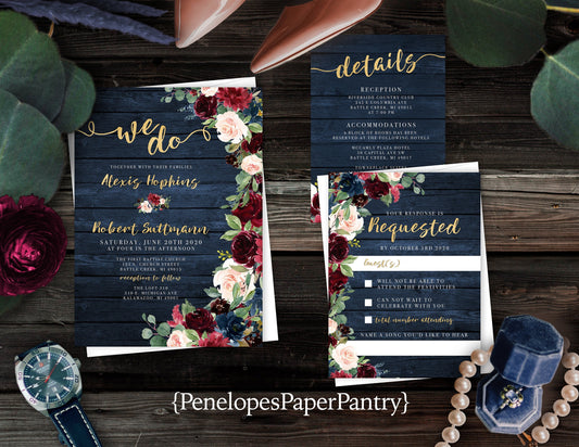 Rustic Fall Wedding Invitation – Navy Barn Wood, Burgundy & Blush Roses, Gold “We Do” Print – Personalized Shimmery Printed Invitations with Envelopes