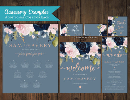 Navy Blue and Pink Florals with Faux Glitter on Dusty Blue Background Summer Wedding Invitation, Set, or Suite