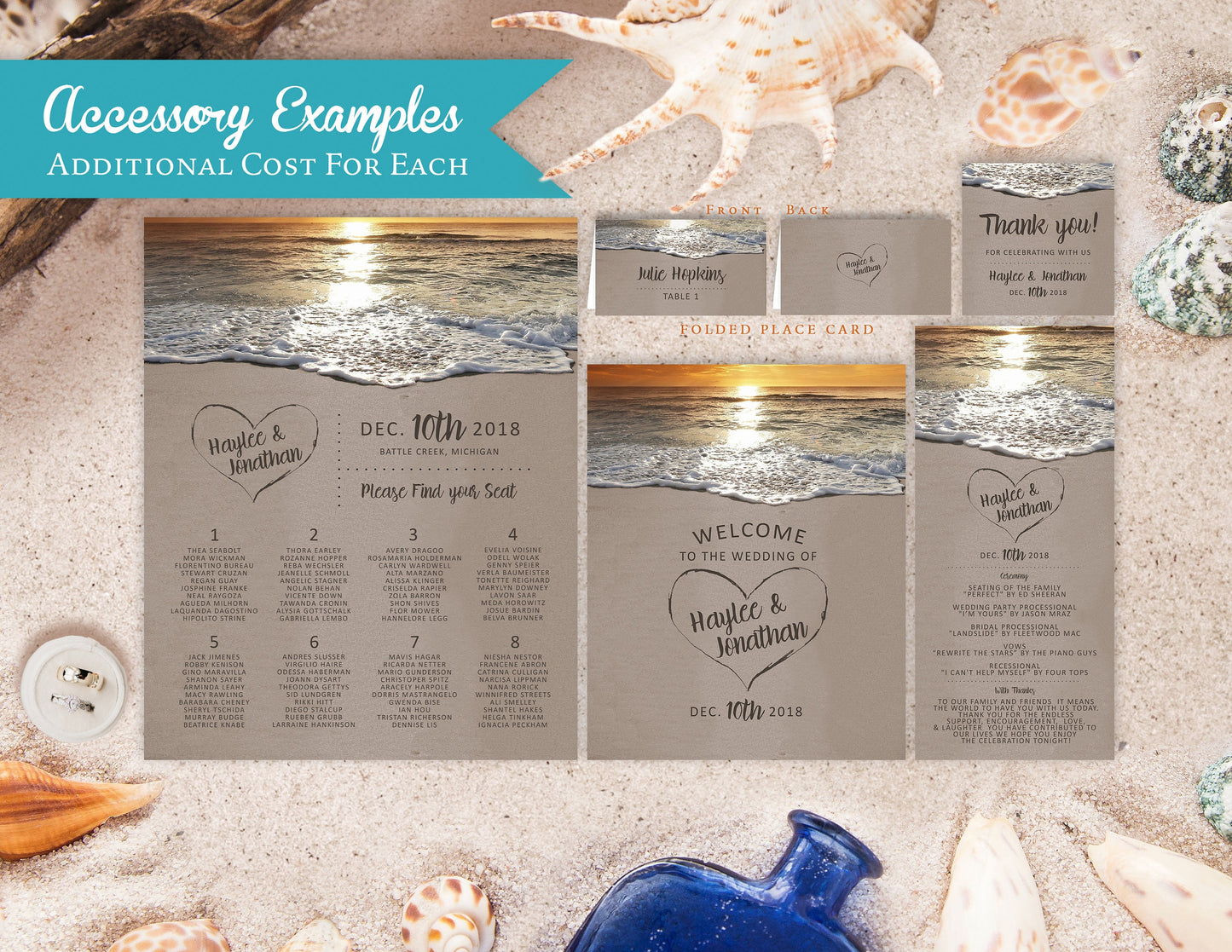 Romantic Sunset Beach Wedding Invitation Personalized Heart In The Sand Initial Tropical Destination Hawaii Printed Invitation With Envelope