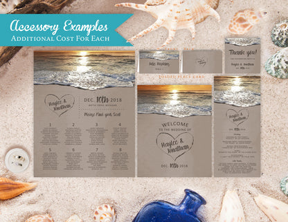 Romantic Sunset Beach Wedding Invitation Personalized Heart In The Sand Initial Tropical Destination Hawaii Printed Invitation With Envelope