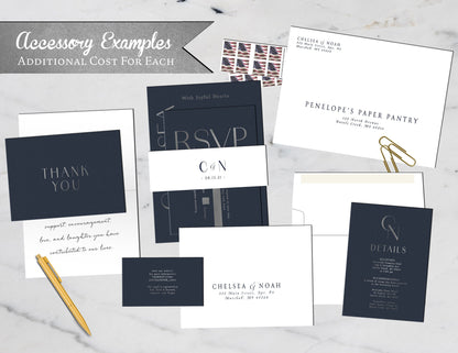 Luxury Silver Foil on Navy Blue Paper Traditional Wedding Invitation, Sets, or Suite