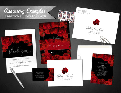 Red Florals with Silver Foil and Black Background Rose Wedding Invitation, Set, or Suite