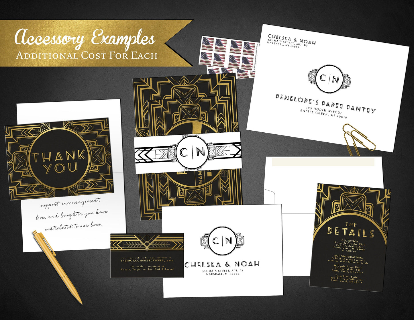 Luxury Gold Foil Art Deco on Black Paper Traditional Wedding Invitation, Sets, or Suite