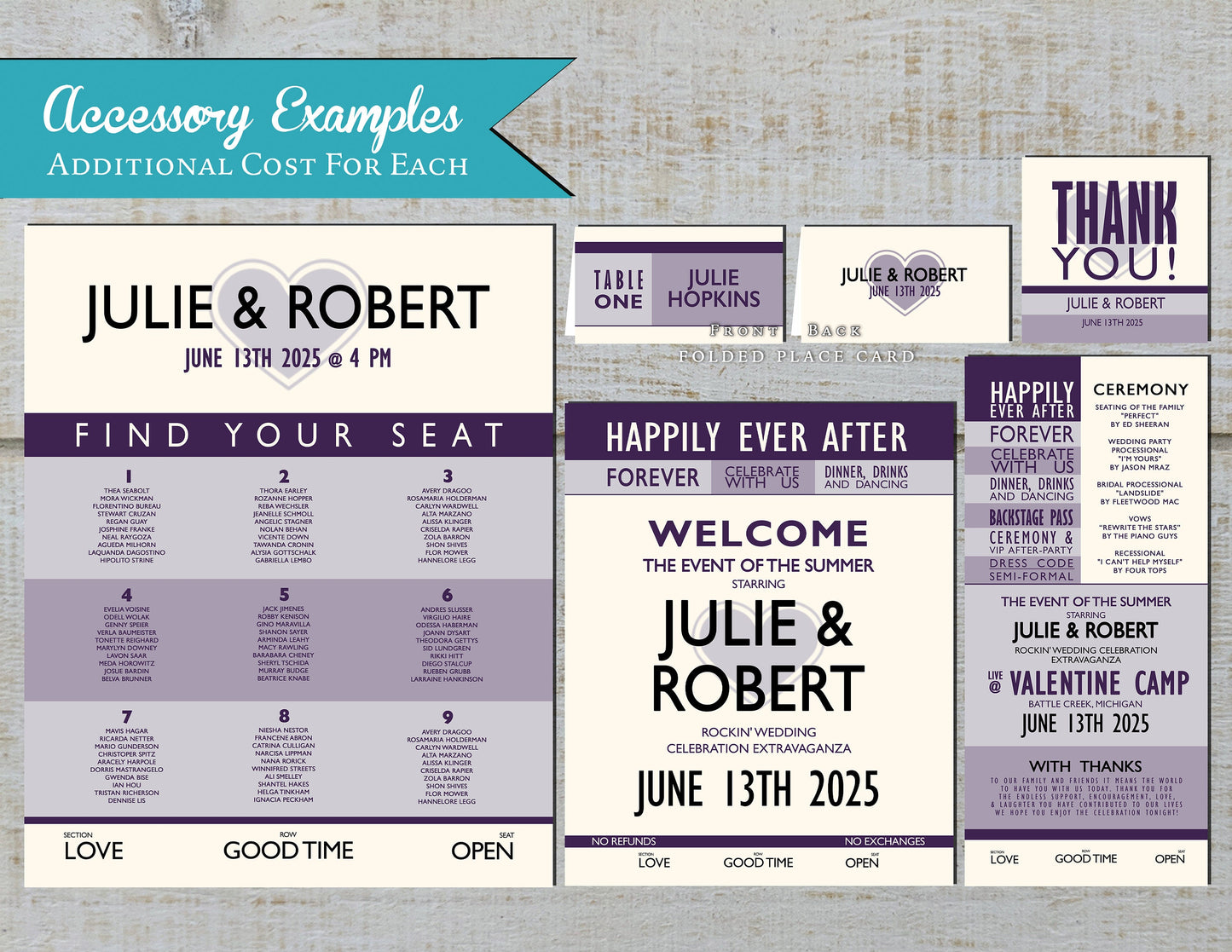 Concert Ticket Style Purple and Ivory Summer Wedding Invitation, Set, or Suite