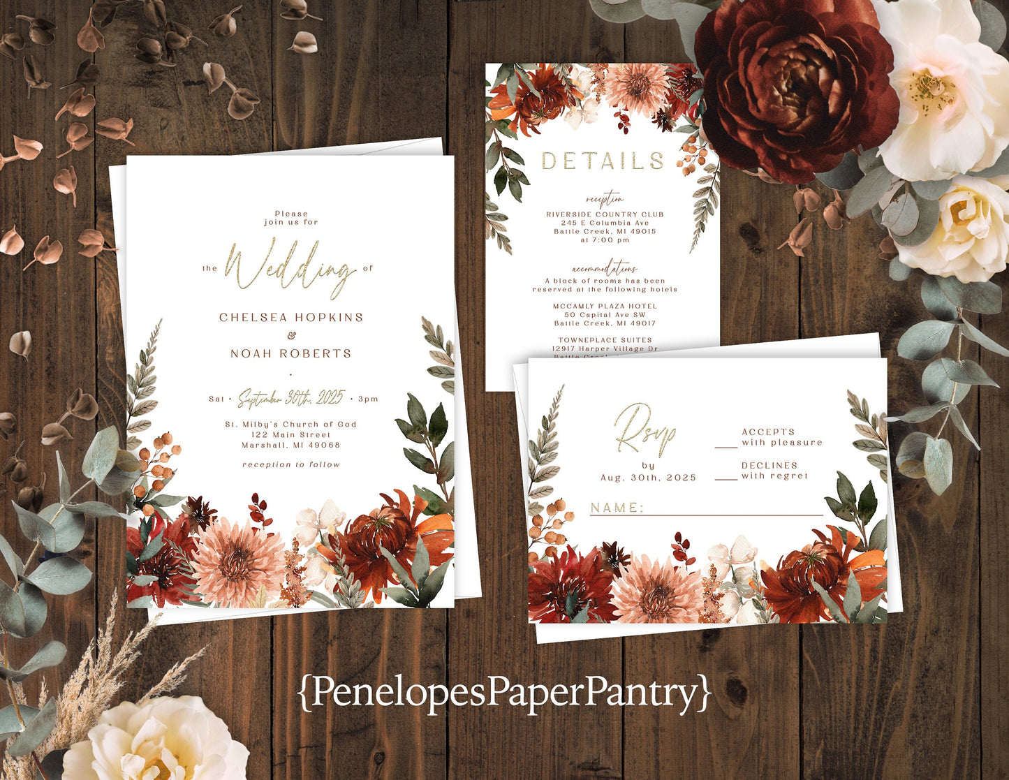 Romantic Fall Wedding Invitation – Terracotta & Burnt Orange Florals, Calligraphy – Personalized Printed Invitations with Envelopes Included