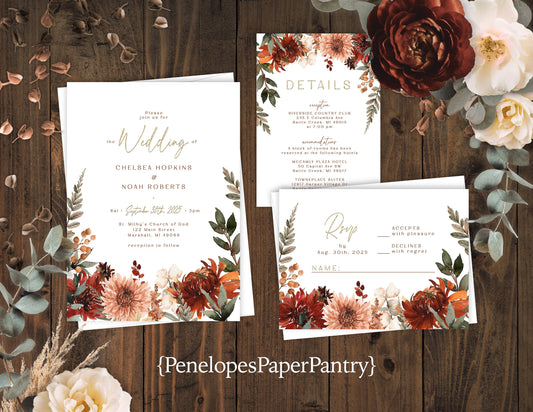 Romantic Fall Wedding Invitation – Terracotta & Burnt Orange Florals, Calligraphy – Personalized Printed Invitations with Envelopes Included