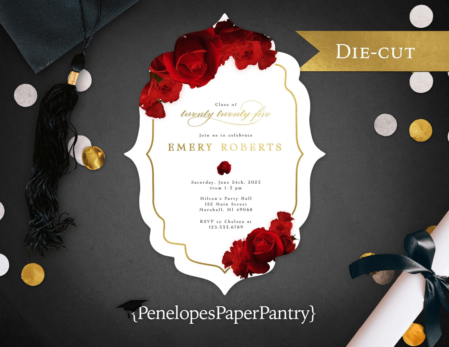 Die Cut Bracket Red Rose with Gold Foil Graduation Open House or Ceremony Invitation