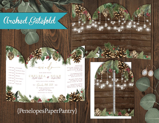 Die Cut Arch Winter Pine Branch and Lights with Barn Wood Gatefold Folded Wedding Invitation, Set, or Suite