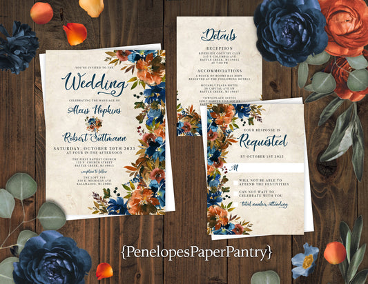 Turquoise and Burnt Orange Florals on Faux Parchment Background Fall Wedding Invitation, Set, or Suite