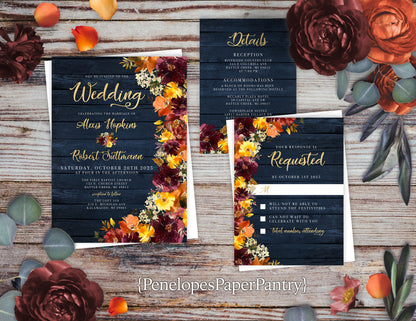 Sunflower and Burgundy Florals on Navy Blue Wood Fall Wedding Invitation, Set, or Suite