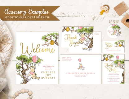 Winnie the Pooh Baby Girl Shower Invitation – Personalized with Piglet, Beehive & Pink Balloon – Gold Foil Calligraphy Printed Invite with Envelope & Custom Design by Penelope’s Paper Pantry