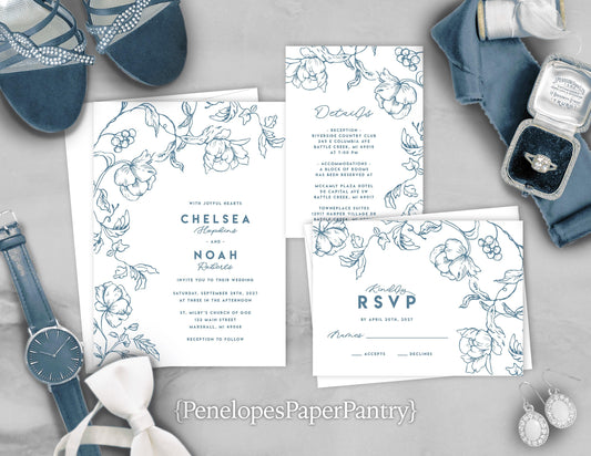 Elegant Dusty Blue Summer Wedding Invitation Personalized Baby Blue Powder Blue Floral Silhouettes Printed Invitations Envelopes Included