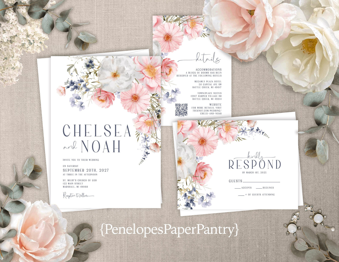 Pastel and Dusty Blue Florals on White Background Summer Wedding Invitation, Set, or Suite