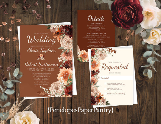 Terracotta Florals on Burnt Orange, Rust, and Ivory Background Fall Wedding Invitation, Set, or Suite