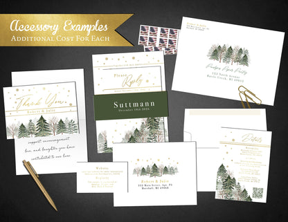 Elegant Winter Wedding Invitation – Snow-Covered Forest, Snowflakes, Gold Foil Calligraphy, Custom Printed with Envelopes Included
