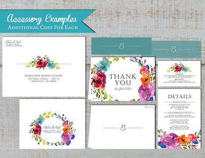 Elegant Bright Floral Summer Wedding Invitation Personalized Hot Pink Purple Turquoise Wreath Printed Invitations Envelopes Included Unique