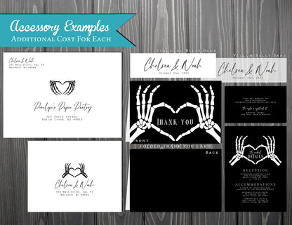 Romantic Halloween Wedding Invitation – Skeleton Hands Heart, Black & White – Personalized Printed Invitations with Envelopes Included