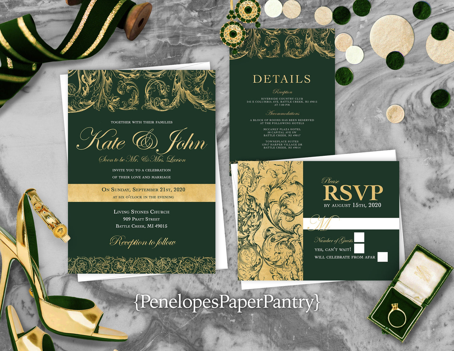 Faux Gold Glitter Lace and Border with Emerald Green Background Traditional Wedding Invitation, Sets, or Suite