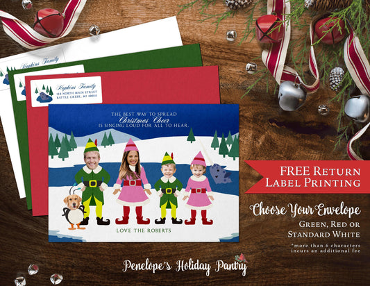 Funny Buddy The Elf Christmas Photo Card – Personalized Narwhal & Penguin Family Card – Custom Text, Printed with Envelopes & Return Address Labels