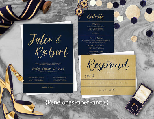 Navy on Metallic Gold Paper Traditional Wedding Invitation, Sets, or Suite