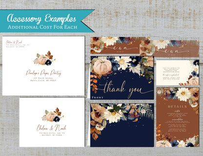 White Pumpkin with Navy and Cream Florals on Blue, Terracotta, and Ivory Hues Fall Wedding Invitation, Set, or Suite