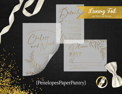 Vellum Eucalyptus Line Art with Gold Foil Wedding Invitaiton, Set, or Suite