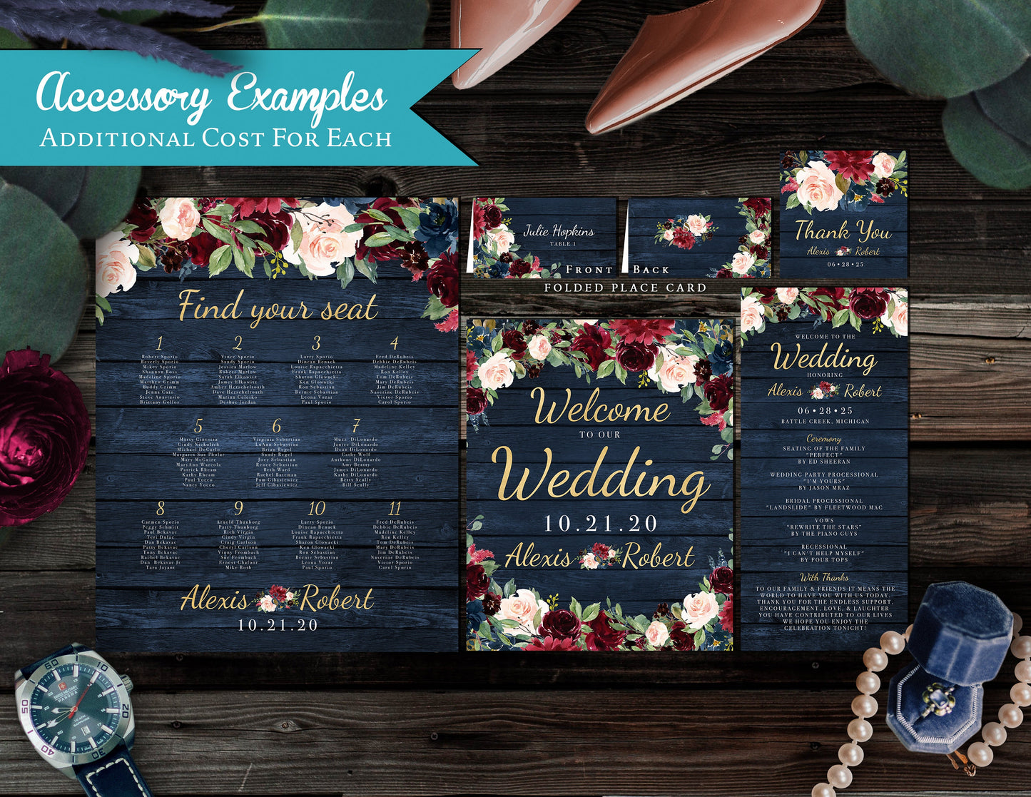 Gatefold Navy, Blush, and Burgundy Florals with Blue Wood Background Folded Wedding Invitation, Set, or Suite