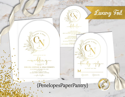 Die Cut Arch Gold Foil Monogram Wreath on White Paper Traditional Wedding Invitation, Sets, or Suite