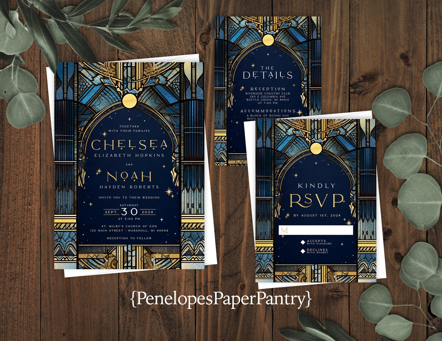 Romantic Celestial Stained Glass Wedding Invitation Personalized Stars Navy Gold Shimmery Ethereal Printed Invitations Envelopes Included