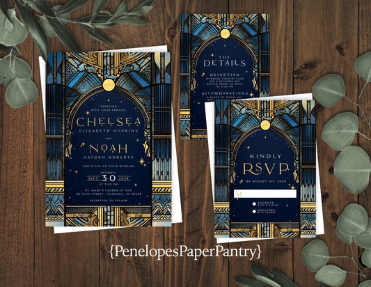 Romantic Celestial Stained Glass Wedding Invitation Personalized Stars Navy Gold Shimmery Ethereal Printed Invitations Envelopes Included