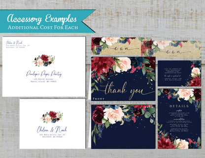 Navy, Burgundy, and Blush Florals on Blue Background Fall Wedding Invitation, Set, or Suite