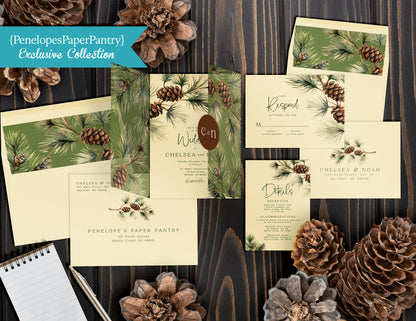 9 Piece Winter Pine Branches on Ivory Paper Wedding Bundle with Address Printing