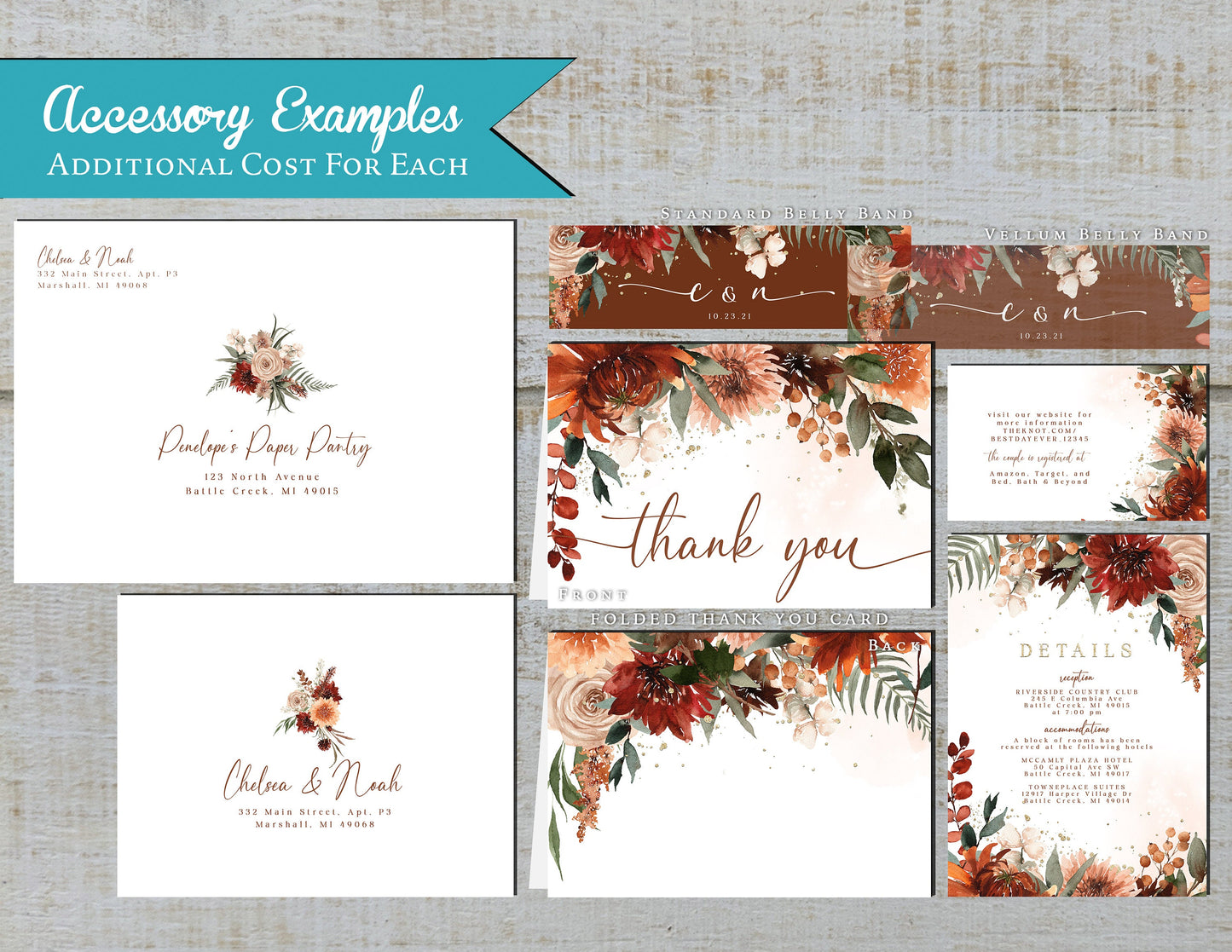 Terracotta, Burgundy, and Burnt Orange Florals with White Background Fall Wedding Invitation, Set, or Suite