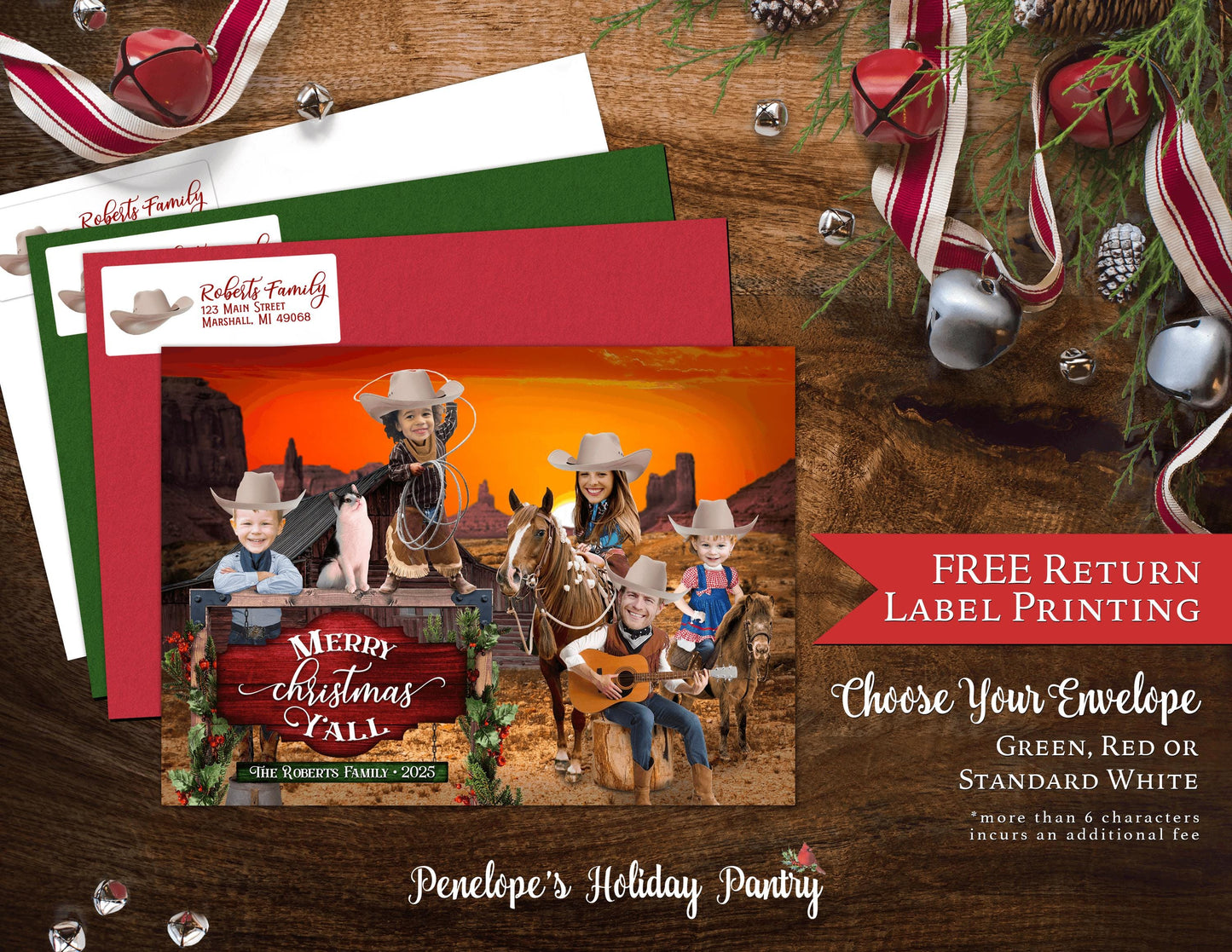 Funny Wild West Christmas Photo Card – Personalized Cowboy Family Holiday Card with Horses, Sepia Design & Envelopes